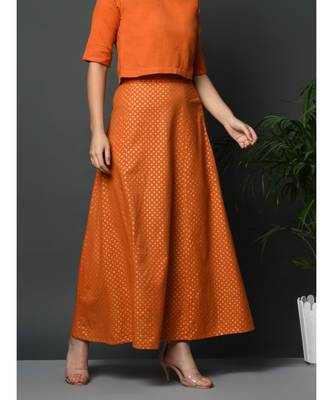 Orange flex polka khadi gold print long skirt 1