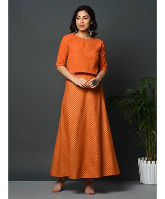 Orange flex polka khadi gold print long skirt 2