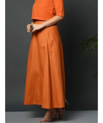 Orange flex polka khadi gold print long skirt 3