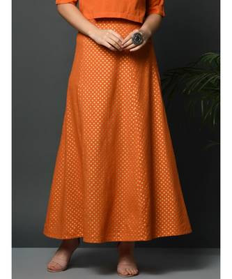 Orange flex polka khadi gold print long skirt 4