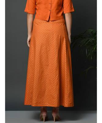 Orange flex polka khadi gold print long skirt 5