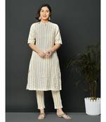 Off white flex A line kurta with chevron khadi print
