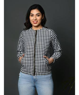 Winter cotton black and white check double layered zipper jacket 2