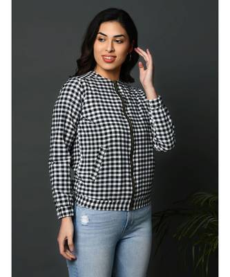 Winter cotton black and white check double layered zipper jacket 4
