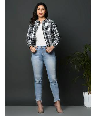 Winter cotton black and white check double layered zipper jacket 7