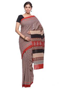 Beige printed cotton saree with blouse