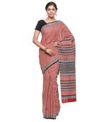 Red printed cotton saree with blouse