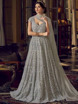 Stylee Lifestyle Grey Net Embroidered Dress Material 1