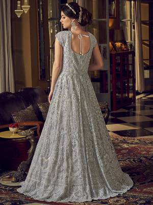 Stylee Lifestyle Grey Net Embroidered Dress Material 2