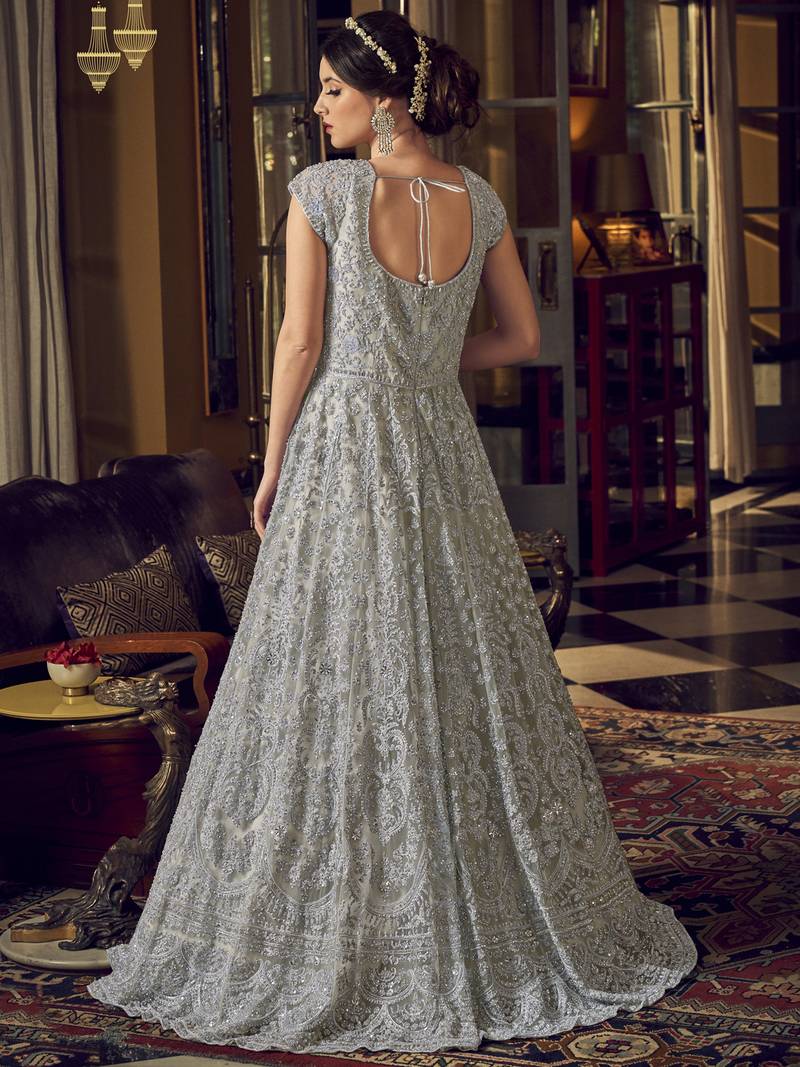 Stylee Lifestyle Grey Net Embroidered Dress Material