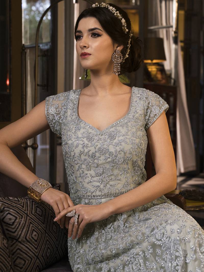 Stylee Lifestyle Grey Net Embroidered Dress Material