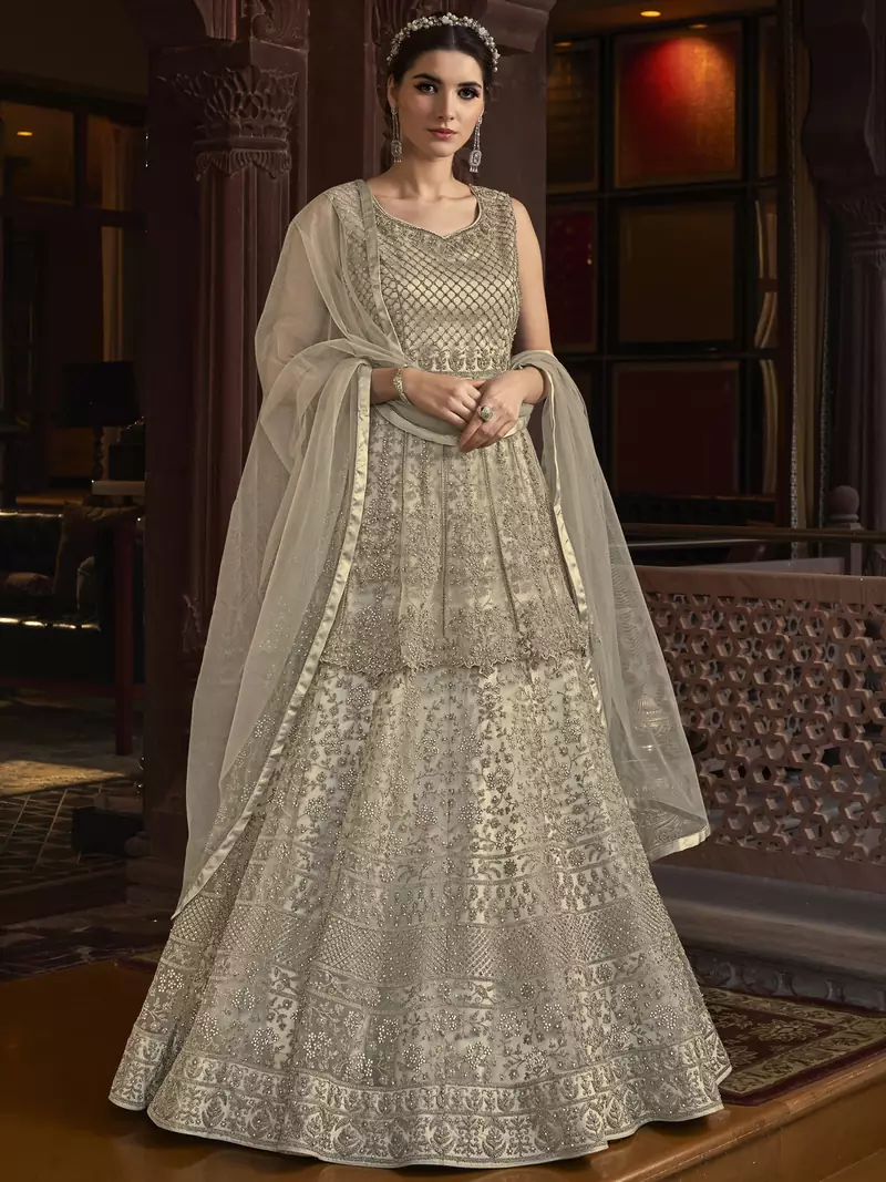 Stylee Lifestyle Cream Net Embroidered Dress Material