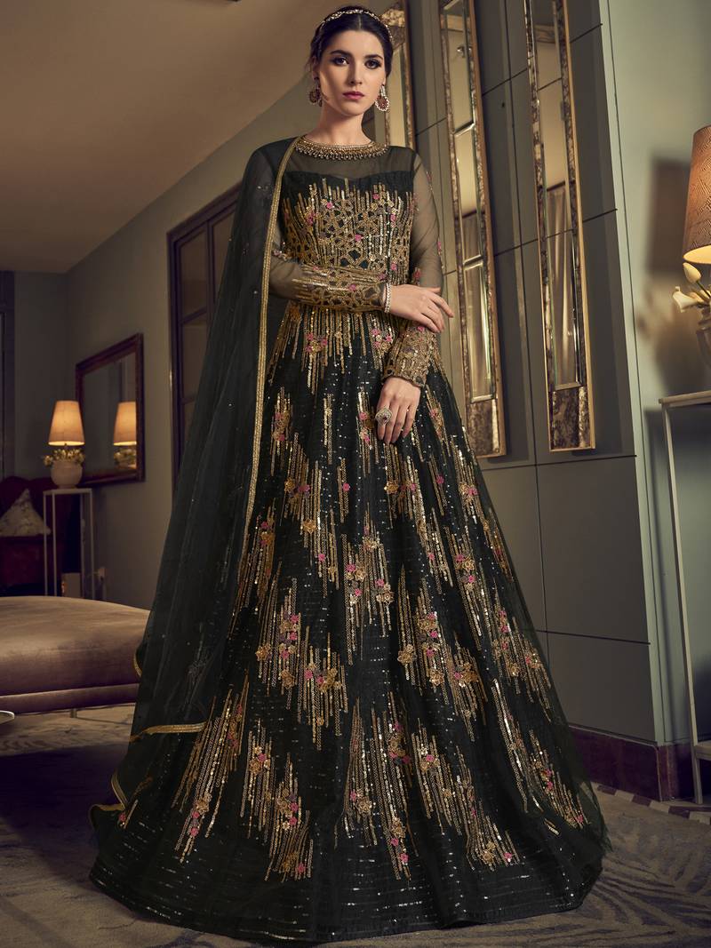 Stylee Lifestyle Black Net Embroidered Dress Material