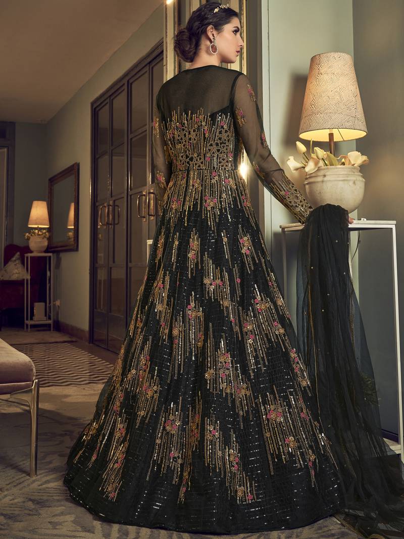 Stylee Lifestyle Black Net Embroidered Dress Material