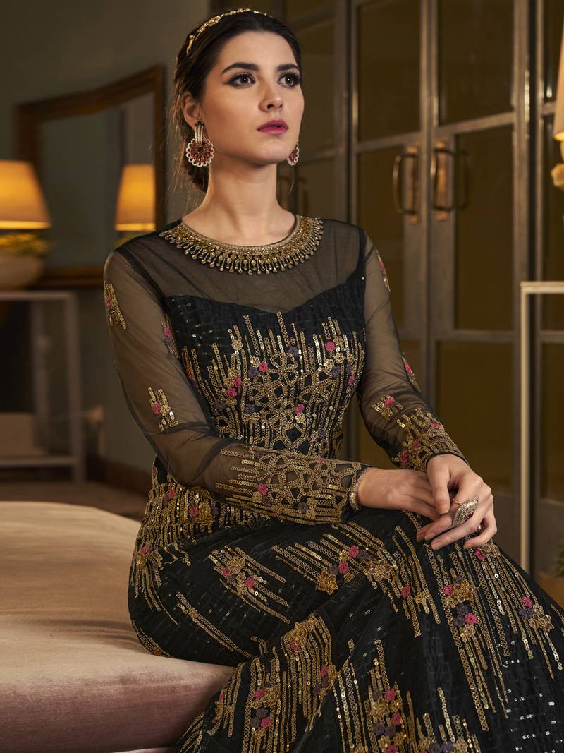 Stylee Lifestyle Black Net Embroidered Dress Material