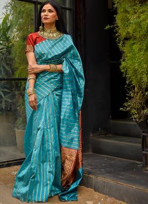 Sky Blue Polly Silk Designer Party Wear Saree 1