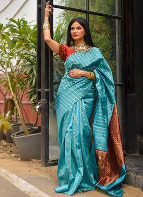 Sky Blue Polly Silk Designer Party Wear Saree 2