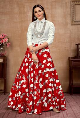 Red plain silk Semi Stitched bridal lehenga 1
