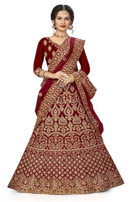 Maroon embroidered velvet semi stitched lehenga 1