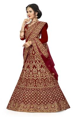 Maroon embroidered velvet semi stitched lehenga 2