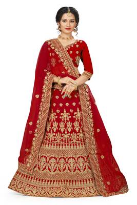 Red embroidered velvet semi stitched lehenga 1