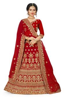 Red embroidered velvet semi stitched lehenga