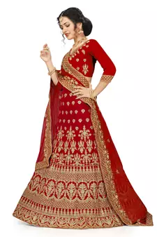 Red embroidered velvet semi stitched lehenga