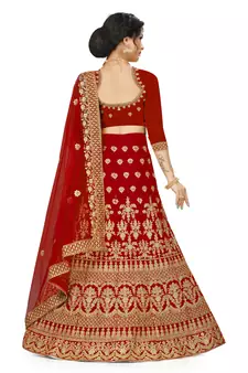 Red embroidered velvet semi stitched lehenga