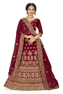 Maroon embroidered velvet semi stitched lehenga 1