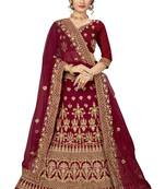 Maroon embroidered velvet semi stitched lehenga