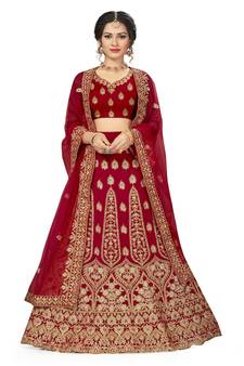 Red embroidered velvet semi stitched lehenga