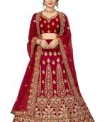 Red embroidered velvet semi stitched lehenga