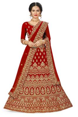 Red embroidered velvet semi stitched lehenga 1