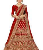 Red embroidered velvet semi stitched lehenga