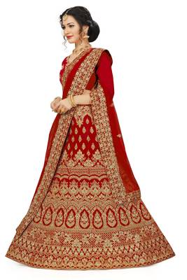 Red embroidered velvet semi stitched lehenga 2