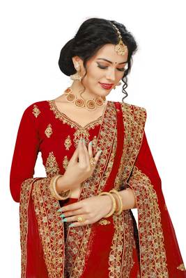 Red embroidered velvet semi stitched lehenga 3
