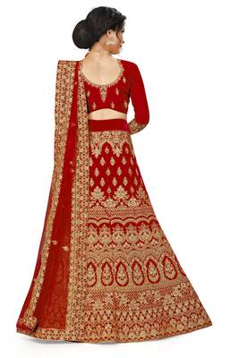 Red embroidered velvet semi stitched lehenga 4