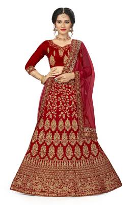 Red embroidered velvet semi stitched lehenga 1