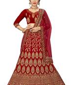 Red embroidered velvet semi stitched lehenga