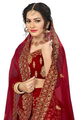 Red embroidered velvet semi stitched lehenga 2