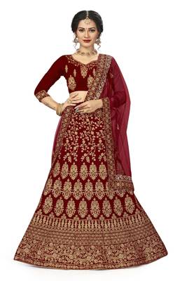 Maroon embroidered velvet semi stitched lehenga 1