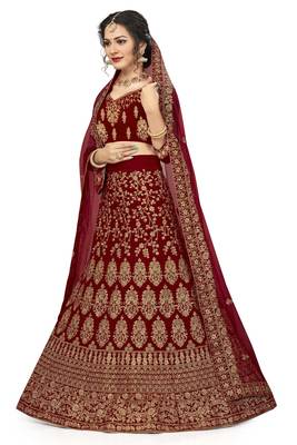 Maroon embroidered velvet semi stitched lehenga 3