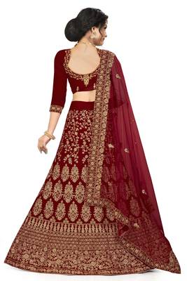Maroon embroidered velvet semi stitched lehenga 4