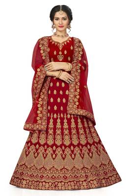 Red embroidered velvet semi stitched lehenga 1