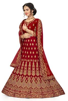 Red embroidered velvet semi stitched lehenga 2