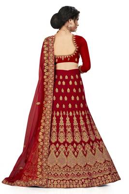 Red embroidered velvet semi stitched lehenga 3