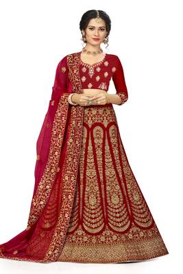Red embroidered velvet semi stitched lehenga 1