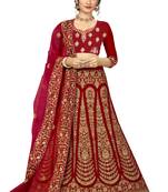 Red embroidered velvet semi stitched lehenga