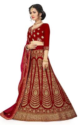 Red embroidered velvet semi stitched lehenga 2