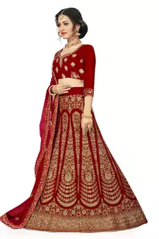 Red embroidered velvet semi stitched lehenga
